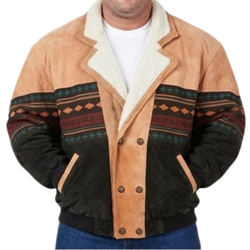 Vintage 90s Tan Black Leather Southwest Sherpa Lined Trucker Jacket size XXL - Picture 2 of 16